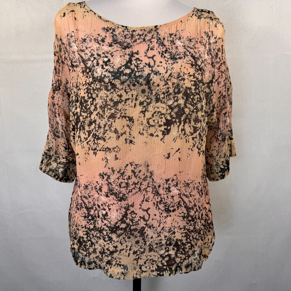 Sundance Silk Blouse Sz L with Cami Peach Pink Black Short Sleeve Boat Neck